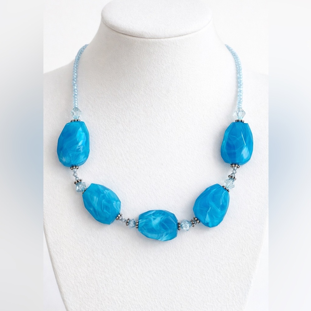 Y2K ‎ Aqua Chunky Blue Bead Statement Mermaid Ocean Necklace